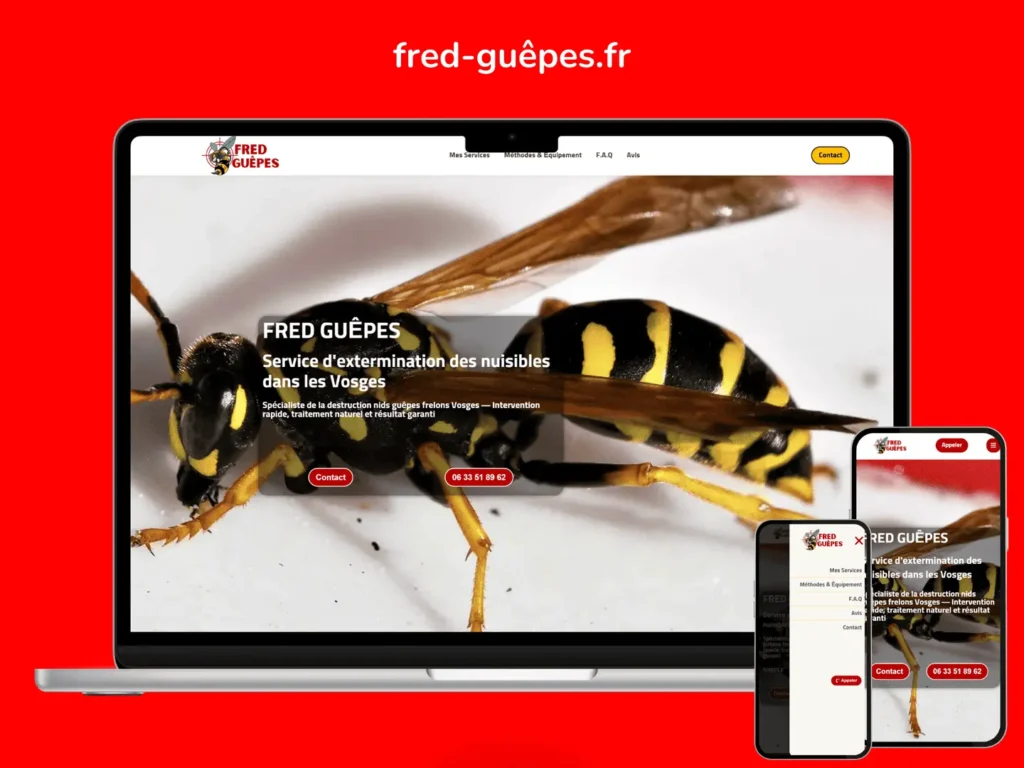 Design responsive du site web Fred Guêpes sur ordinateur et mobile, par IPWebConcept.